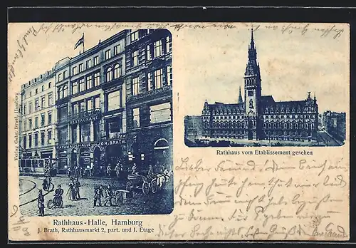 AK Hamburg, Gasthaus Rathaus-Halle J. Brath mit Strasse, Strassenbahn und Kutsche, Rathausmarkt 2, Rathaus