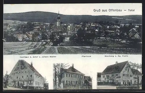 AK Offenbau, Gasthaus zum Adler J. Mössler, Handlung G. Fuchs, Gesamtansicht mit Umgebung