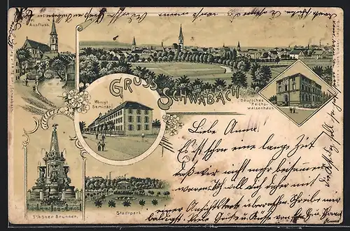 Lithographie Schwabach, Am Ausfluss, Shcöner Brunnen, Stadtpark