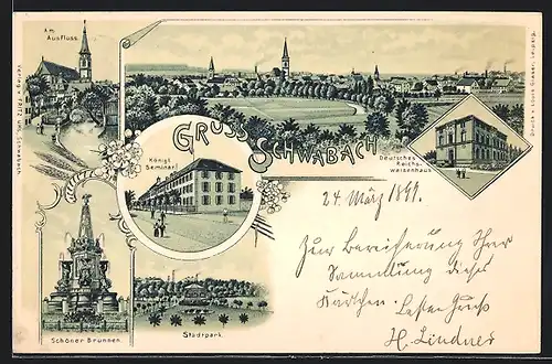 Lithographie Schwabach, Am Ausfluss, Shcöner Brunnen, Stadtpark