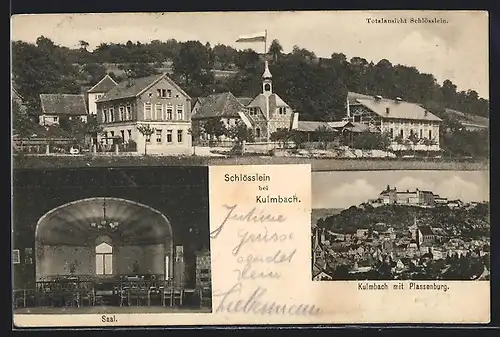 AK Kulmbach, Totalansicht mit Gasthaus Schlösslein, Innenansicht, Teilansicht mit Plassenburg