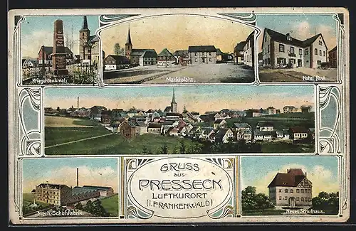 AK Presseck, Hotel Post, Mech. Schuhfabrik, Neues Schulhaus, Kriegerdenkmal, Marktplatz