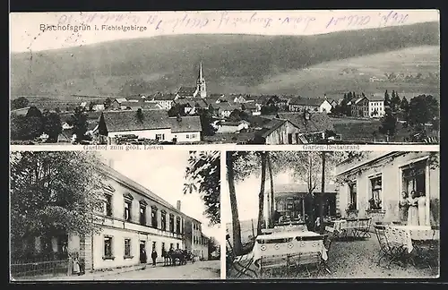 AK Bischofsgrün, Gasthof zum goldenen Löwen, Garten-Restaurant, Teilansicht