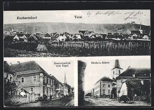 AK Escherndorf, Gasthaus zum Engel, Kirche und Schule, Totalansicht