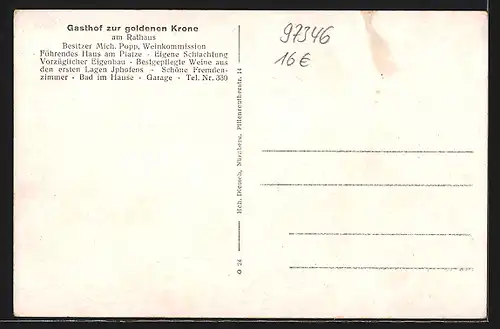 AK Iphofen, Gasthof zur Goldenen Krone am Platz, Bes. Michael Popp, Ortsansicht