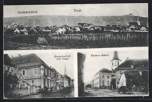AK Escherndorf, Gasthaus zum Engel, Kirche und Schule, Totalansicht