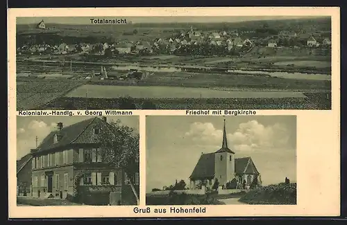AK Hohenfeld, Kolonialwaren-Handlung von Georg Wittmann, Friedhof mit Bergkirche, Totalansicht