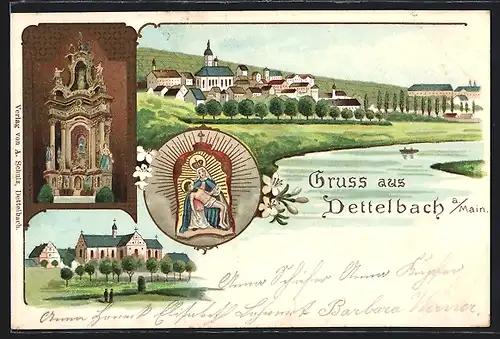 Lithographie Dettelbach a. Main, Panorama & Kirche mit Gandenbild