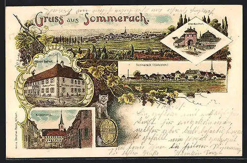 Lithographie Sommerach, Gasthof zum Schwan von Weirich, Hauptstrasse, Altes Mainthor