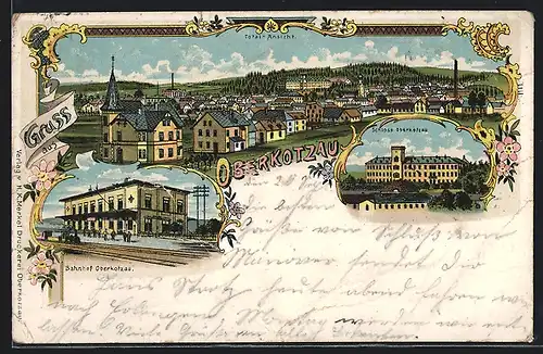 Lithographie Oberkotzau, Bahnhof von der Gleisseite, Schloss, Totalansicht