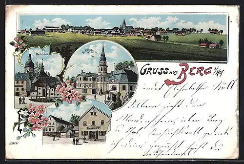 Lithographie Berg b. Hof, Gasthaus von A. Gemeinhardt, Schloss Reitzenstein