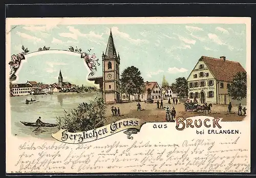 Lithographie Bruck bei Erlangen, Gasthaus zum goldenen Engel und Kirche im Ortskern