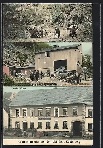 AK Kupferberg, Grünsteinwerke von Joh. Schicker, Fuhrwerke vor dem Schotterwerk, Steinbruch
