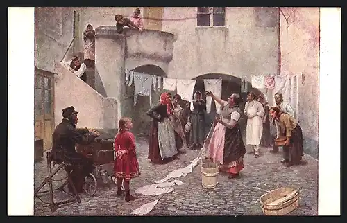 Künstler-AK Böse Nachbarschaft, Leierkastenmann als Zeuge eines Streits