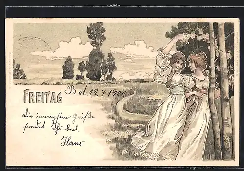 Künstler-AK H. Fründt: Freitag, Damen neben Birke, Jugendstil