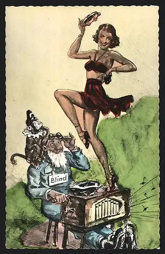 AK Frau tanzt auf dem Leierkasten eines Schein-Blinden
