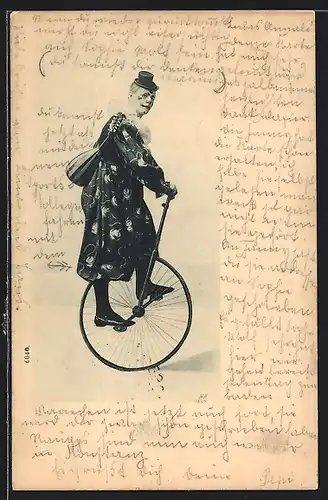 AK Zirkus-Clown mit Laute auf dem Einrad