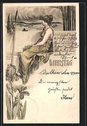 Künstler-Lithographie H. Fründt: Allegorie Dienstag, hübsche junge Frau, Jugendstil
