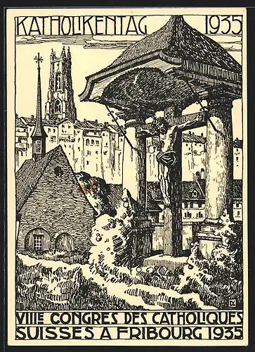 Künstler-AK Fribourg, Katholikentag 1935, VIII. Congres des Catholiques Suisses 1935