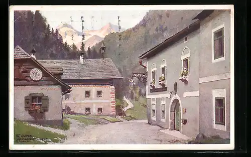 Künstler-AK Untertauern, Ortsansicht mit in frühlingshafter Idylle