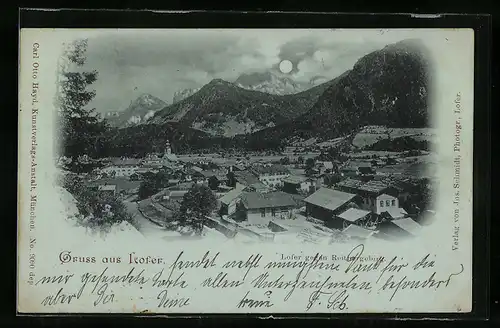 Mondschein-AK Lofer, Ortsansicht gegen das Gebirge