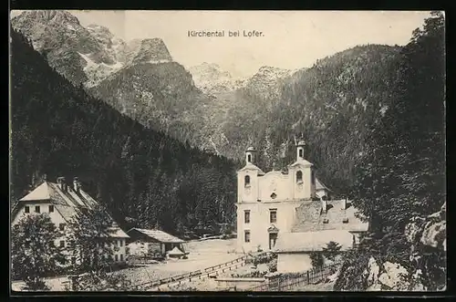 AK Kirchental bei Lofer, Wallfahrtskirche gegen die Berge