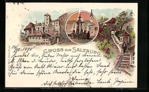 Lithographie Salzburg, Treppenaufgang, Residenzbrunnen