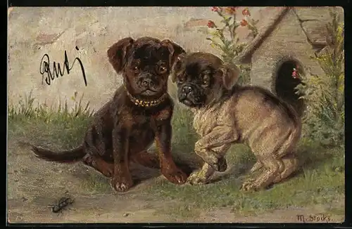 Künstler-AK Hundewelpen fürchten sich vor einem Hirschkäfer