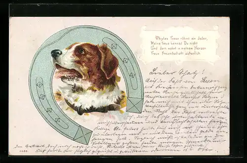 Präge-Lithographie Bernhardiner, Portrait in einem Hufeisen