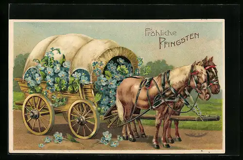 Präge-AK Pferdekutsche mit blauen Blumen, Pfingstgruss