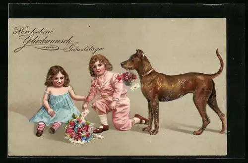 Präge-AK Zwei Kinder und grosser Hund mit Blumen, Geburtstagsgruss
