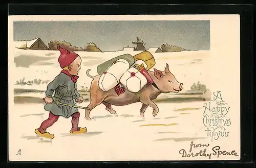 AK Wichtel mit Geschenken auf dem Rücken eines Schweines, Weihnachtsgruss