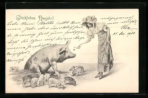 AK Dame füttert Muttersau mit Ferkeln, Neujahrsgruss