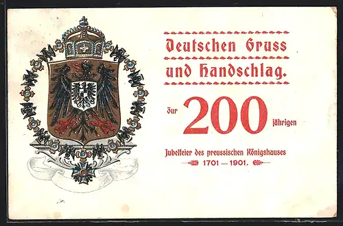 Lithographie Deutschen Gruss und Handschlag zur 200 jährigen Jubelfeier des preuss. Königshauses, 1701-1901