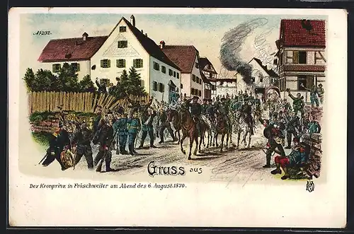 Lithographie Fröschweiler, Friedrich Wilhelm III. von Preussen am Abend des 6. August 1870