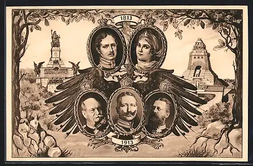 AK Portraits Kaiser Wilhelms II. und seiner Vorgänger, Denkmäler, 1813 und 1913