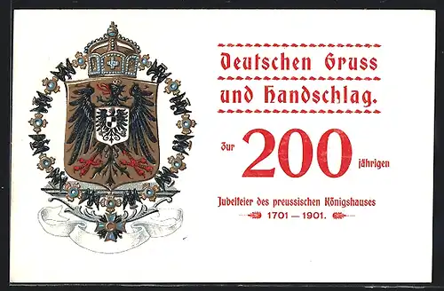 AK Deutschen Gruss und Handschlag der zweihundertjährigen Jubelfeier des preussischen Königshauses, 1701-1901
