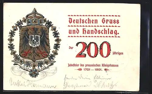 AK Deutschen Gruss und Handschlag der zweihundertjährigen Jubelfeier des preussischen Königshauses, 1701-1901