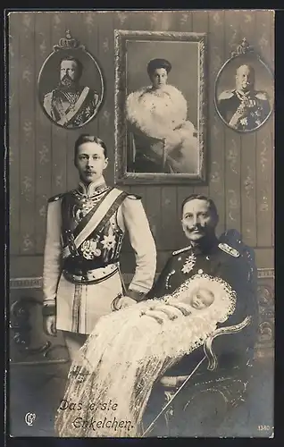 AK Kaiser Wilhelm II. mit Kronprinz und Enkel, An der Wand ein Bild von Friedrich Wilhelm III. von Preussen
