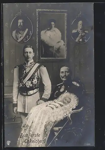 AK Kaiser Wilhelm II. mit seinem ersten Enkel, Bildnis von Friedrich Wilhelm III. von Preussen an der Wand