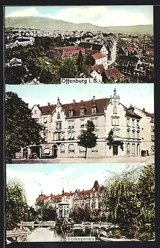 AK Offenburg i. B., Panorama und Volksgarten