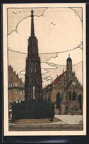 Steindruck-AK Nürnberg, Schöner Brunnen und Frauenkirche