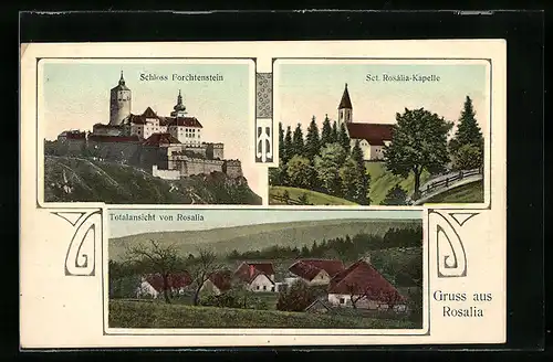Passepartout-AK Rosalia, Schloss Forchtenstein, Sct. Rosalia-Kapelle, Totalansicht mit Umgebung