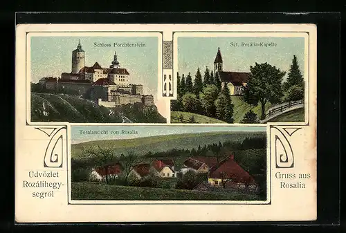 Passepartout-AK Rosalia, Schloss Forchtenstein, Sct. Rosalia-Kapelle, Gesamtansicht mit Umgebung