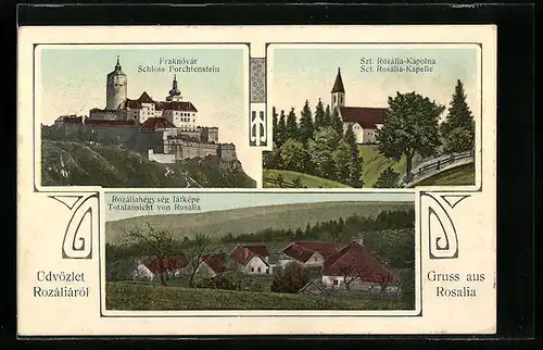 Passepartout-AK Rosalia, Schloss Forchtenstein, Sct. Rosalia-Kapelle, Totalansicht des Ortes