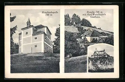 AK Forchtenstein, Karl Wutzlhofer`s Gasthaus, Rosalia und Rosalienkapelle