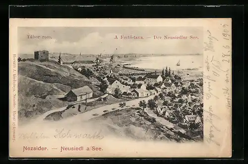 AK Neusiedl am See, Ortsansicht von oben, mit Strasse, Ruine und Seeblick