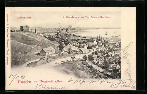 AK Neusiedl am See, Ortsansicht von oben, mit Strasse, Taborruine und Seeblick