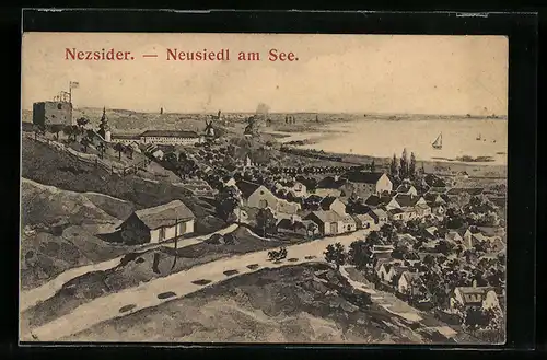 AK Neusiedl am See, Gesamtansicht von oben, mit Strasse, Tabor-Ruine und Seeblick