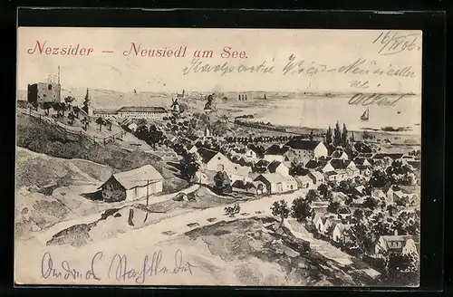 AK Neusiedl am See, Ortsansicht von oben, mit Tabor-Ruine, Strasse und Seeblick